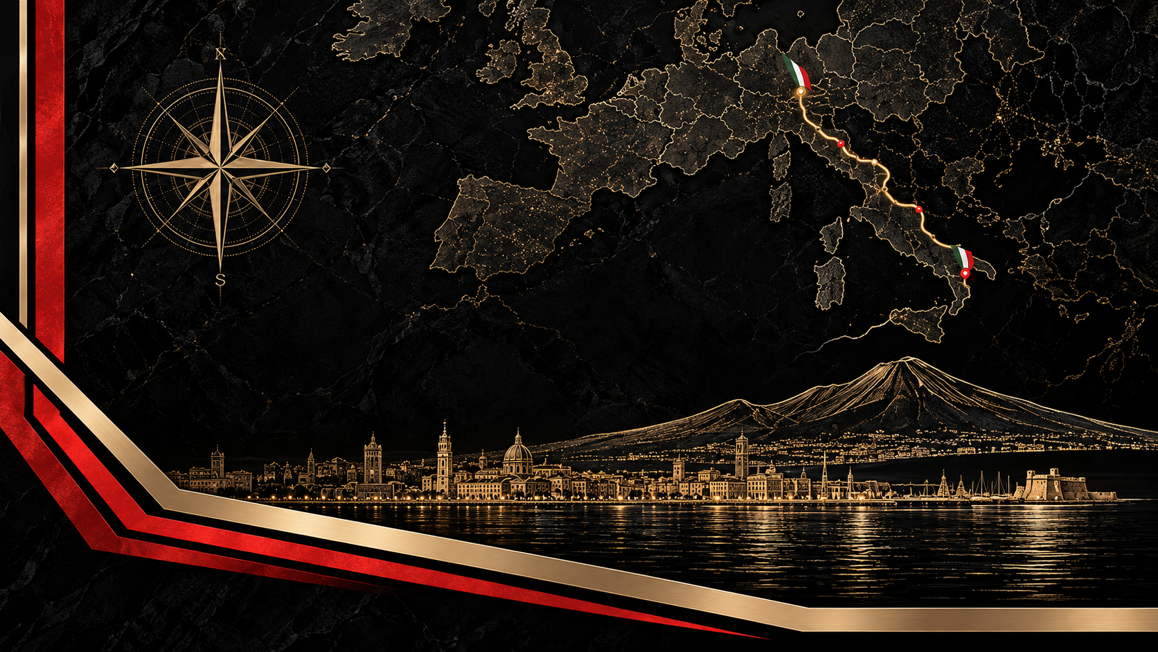 Schwarz-goldene Markenwelt mit Europakarte, Kompass, Route nach Napoli, Vesuv, Meer und Skyline